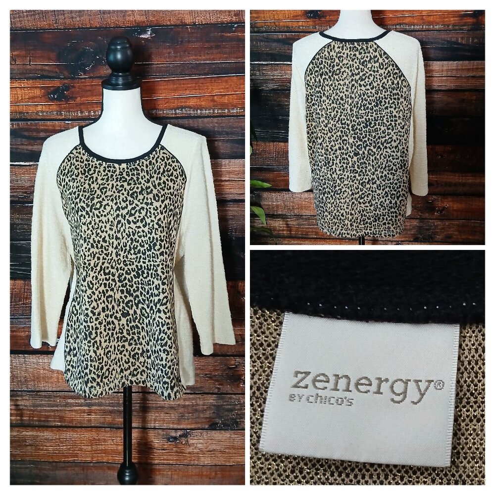 Chicos Zenergy Sweater Size 2 US L Gold Metallic Leopard Print 3/4 Sleeve